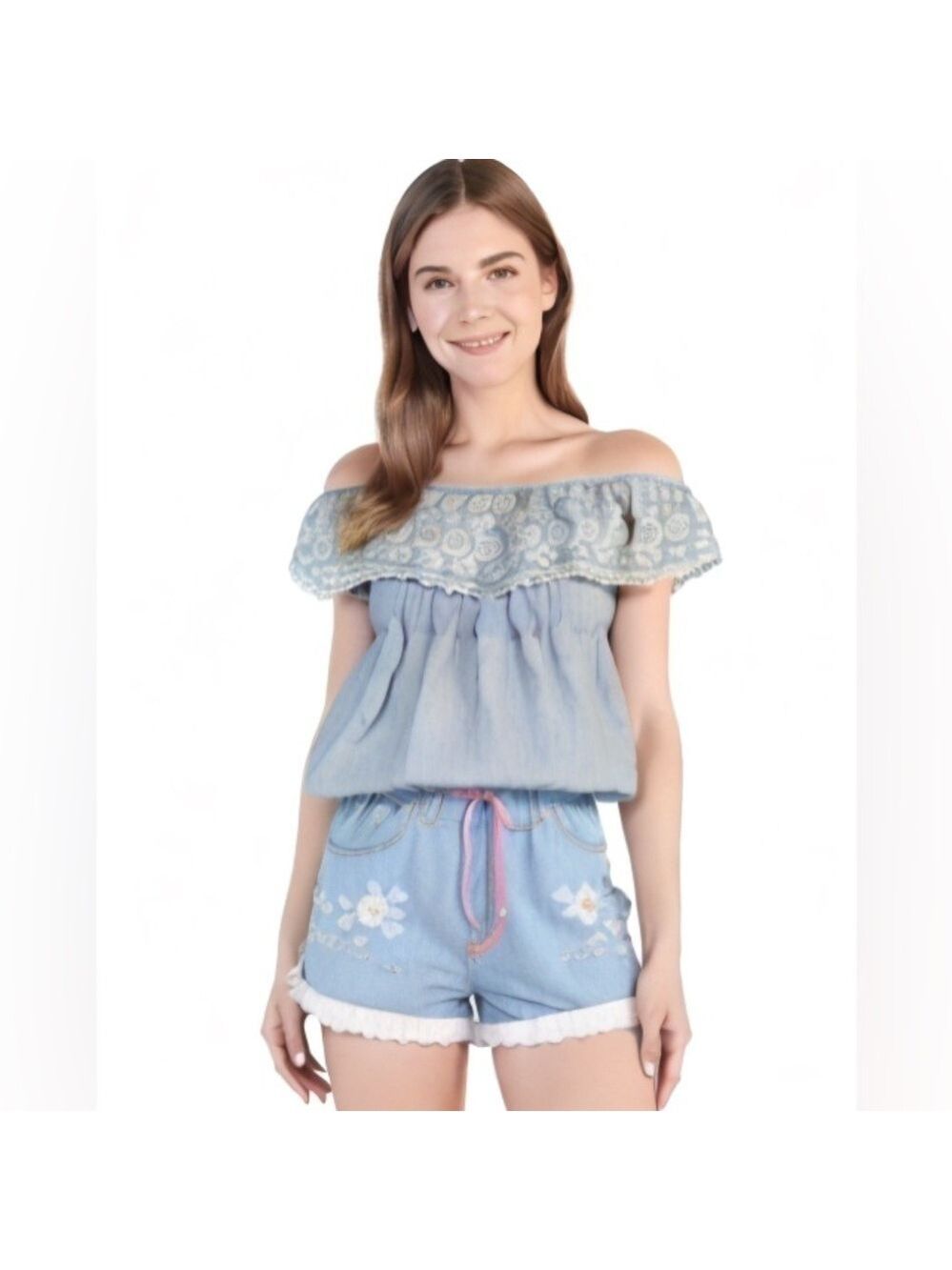 Blue Rain Eyelet Blue Stripe Floral Coquette Off the Shoulder Shirt